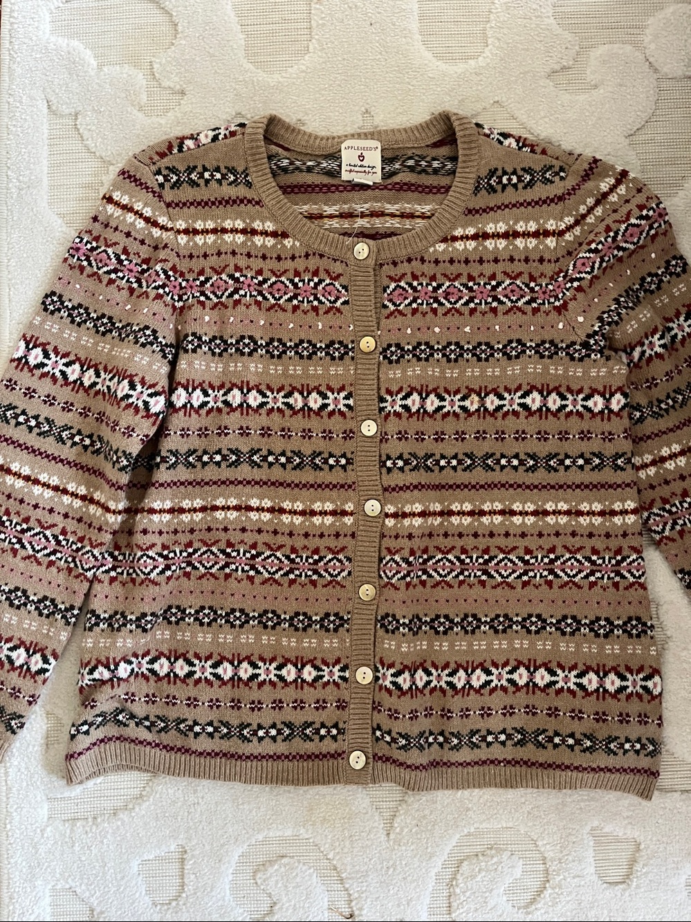 Appleseed's Tan Fair Isle Button Front Cardigan Sweater Cotton Wool Blend PL